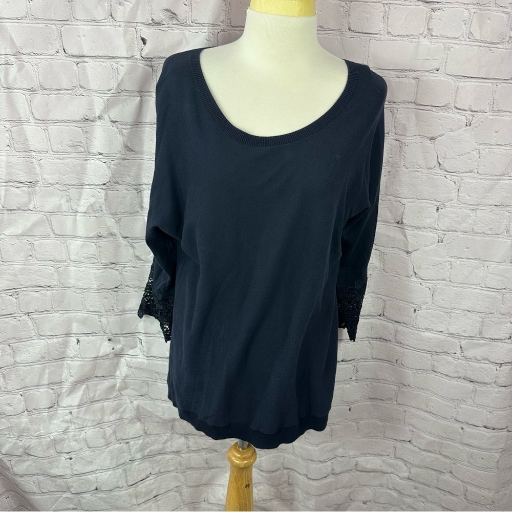 talbots petite navy knit Top Lace accent bell Sleeves sz Lp scoop neck nautical